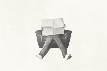 Illustration of man reading a newspaper sitting on a sofa, minimal concept - 767880988