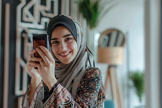 An attractive eighteen-year-old Arabic girl dressed in a headscarf and taking a mirror selfie with smiley face against a hazy background, Generative AI.