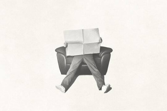 Illustration of man reading a newspaper sitting on a sofa, minimal concept