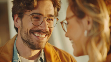 Close-up of a smiling man engaging in a conversation.
 - obrazy, fototapety, plakaty