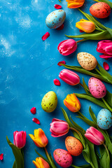 Fototapeta na wymiar Group of pastel colored eggs are placed next to vibrant tulips creating beautiful and colorful scene.
