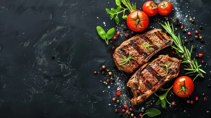 Fotobehang Top view grilled rib eye beef steak, herbs and spices on dark stone background. AI generated image © saifur