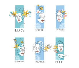 Set of zodiac signs. Libra, Scorpio, Sagittarius, Capricorn, Aquarius, Pisce One line drawing