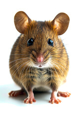 Mouse with big ears and dark brown fur sits in white spotlight.