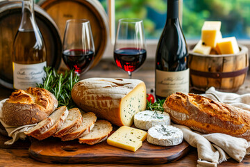 Table with variety of cheeses breads and wines.