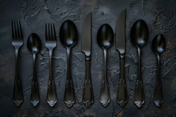 a group of black cutlery - obrazy, fototapety, plakaty