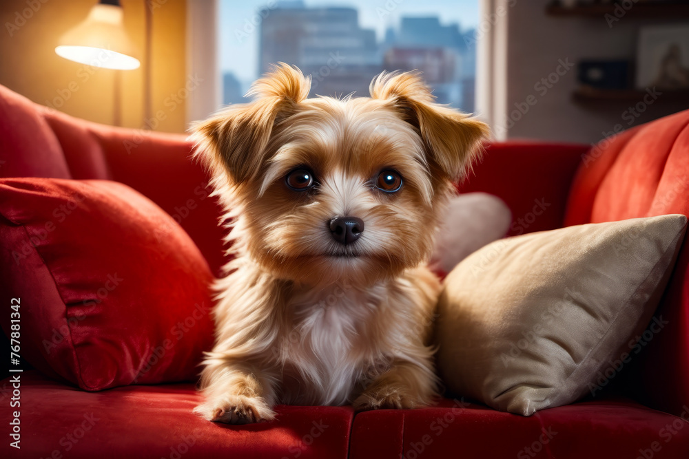 Wall mural Small brown and white dog sits on red couch cushion next to tan pillow.