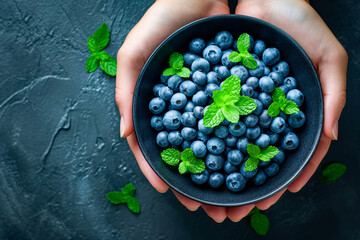 Bowl full of blueberries with green leaves on top. - Powered by Adobe