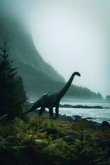 Computer-generated image of dinosaur standing by water and trees.