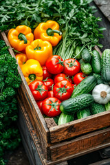 Wooden crate is filled with variety of vegetables including peppers tomatoes and cucumbers.