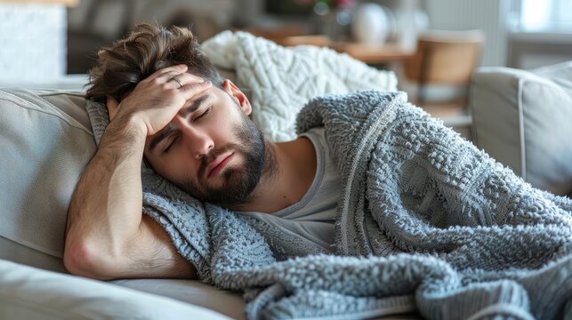 Unwell man on sofa with a headache.