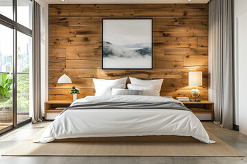 Well decorated bedroom with large bed and wooden walls.