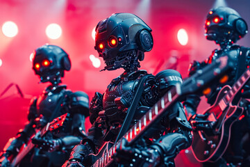 Three robots with red eyes and guitars one of which is electric guitar. - obrazy, fototapety, plakaty