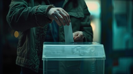 Elections. Voting. A person puts a ballot into the ballot box. Close-up. A hand drops a completed ballot into the ballot box, symbolizing the power of individual choice.
