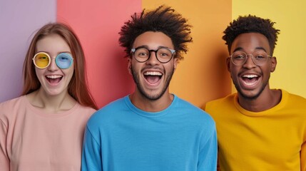 Three people with colorful backgrounds smiling and laughing, AI