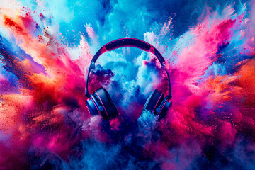 Pair of headphones are depicted in abstract colorful background. - obrazy, fototapety, plakaty
