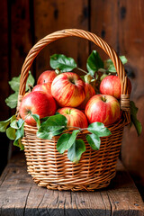 Basket full of red and yellow apples with leaves among them.