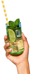 Lady's hand holding glass of cold, refreshing mojito with lime and bright straw against transparent background. Concept of party, relax, alcohol, holidays, celebrations, Friday mood.