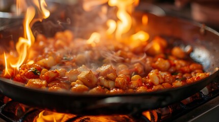 A pan of a skillet filled with food on fire, AI