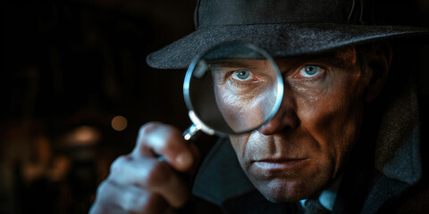 investigator man detective in hat looks through a magnifying glass on black background - obrazy, fototapety, plakaty