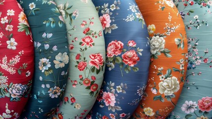 A row of colorful fabric with flowers on them lined up, AI