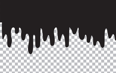 Black Melt Drips, Liquid Paint Drops seamless element vector. Isolated melted dripping liquid on background. Flowing, spilled, drop, splash, leak concept. Vector illustration