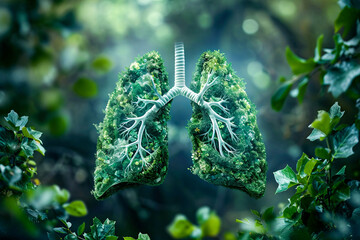 Computer generated image of green tree growing inside human body specifically within open lung. - obrazy, fototapety, plakaty