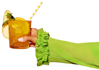 Hand holding glass of tropical, refreshing cocktail with colorful tube against transparent...