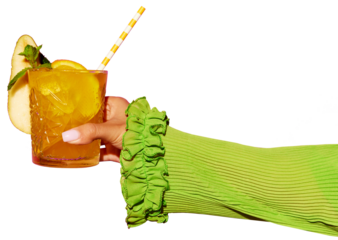 Hand holding glass of tropical, refreshing cocktail with colorful tube against transparent background. Pop art photoshoot. Concept of party, relax, alcohol, holidays, celebrations, Friday mood.