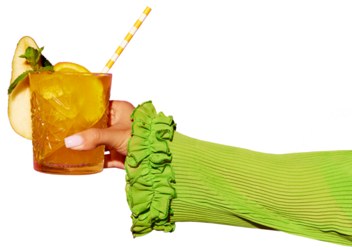 Hand holding glass of tropical, refreshing cocktail with colorful tube against transparent background. Pop art photoshoot. Concept of party, relax, alcohol, holidays, celebrations, Friday mood.