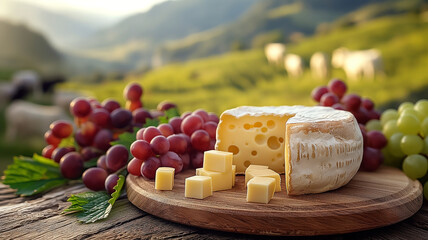 Table with board of various regional Swiss cheese against the backdrop of cows grazing on the pasture in the Switzerland. Beautiful Swiss landscape with mountains and lake.