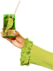 Hand holding glass of cold refreshing Mojito cocktail with colorful tube against transparent...
