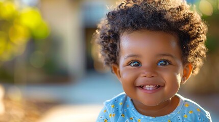 A close up of a smiling child with curly hair and blue eyes, AI - Powered by Adobe