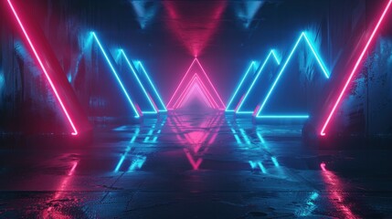 3d rendering blue triangular lines with neon lights abstract background. AI generated image
