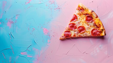 A slice of pepperoni pizza on a pink and blue background, AI