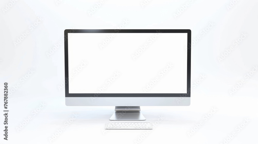 Aufkleber on a white background, a blank white screen is shown on a computer monitor.
