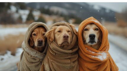 Three dogs wrapped in blankets standing on a snowy road, AI