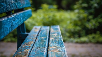A close up of a blue bench with some dirt on it, AI