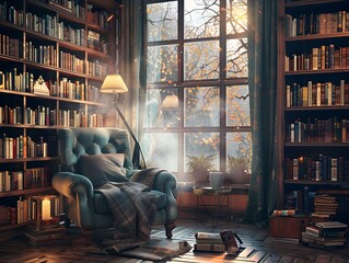 Vintage Library Corner with Plush Armchair and Tall Windows - Generative AI