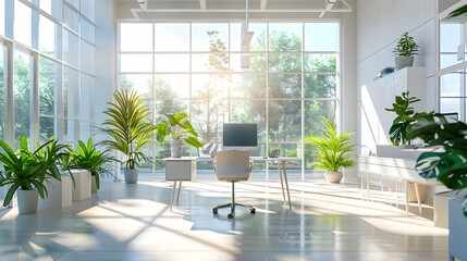 Fototapeta premium Serene Office Interior with Sunlight and Lush Potted Plants - Generative AI