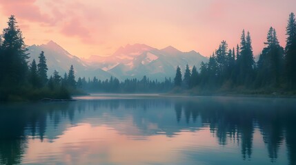 Misty Lake Morning with Mountain Range and Pastel Sunrise - Generative AI