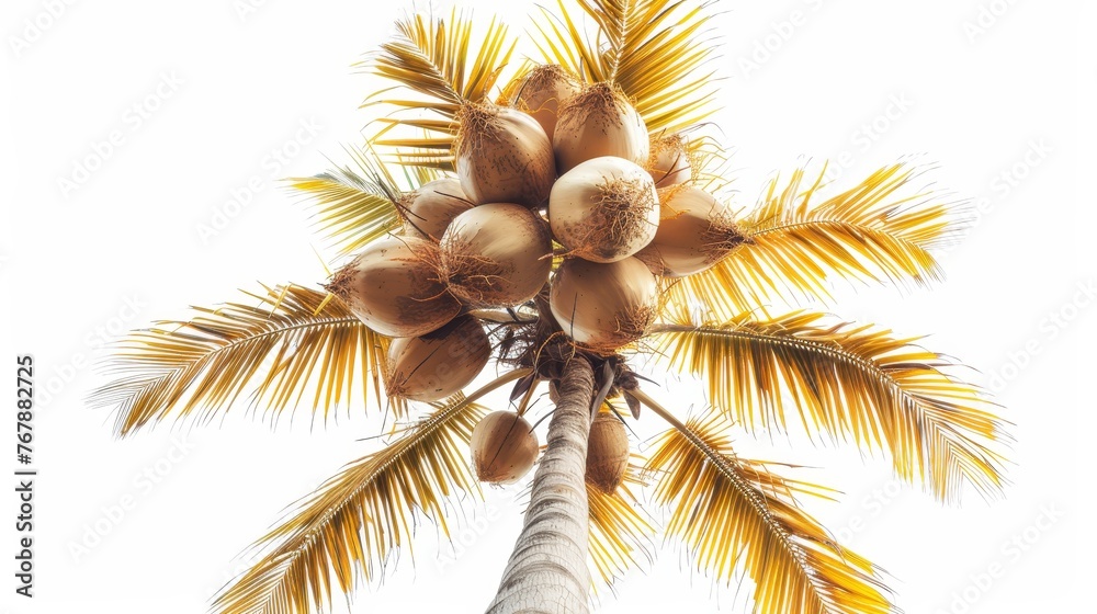 Poster a palm tree crowned with coconuts isolated on white