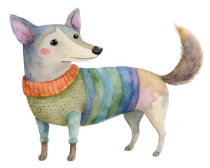 Watercolor illustration card with dog in knit sweater. Isolated on transparent background. Perfect for flyer, card, postcard, tags, invitation, printing, wrapping, poster, banner.