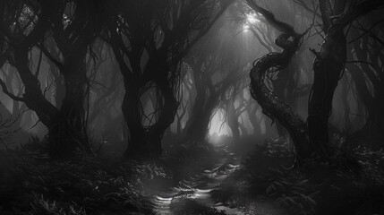 A black and white photo of a dark forest with trees, AI