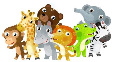 Cartoon zoo scene with zoo animals friends together in amusement park on white background with space for text illustration for children