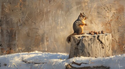 A squirrel sitting on a stump with nuts in the background, AI