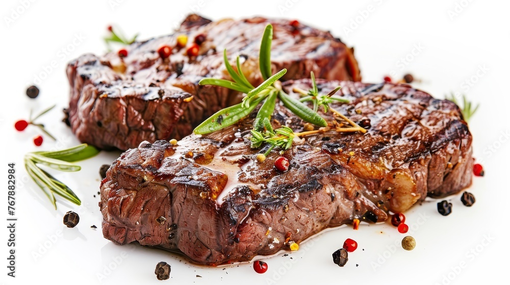 Poster a grilled steak with spices on a white background is isolated