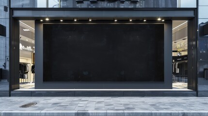 Blank black board or billboard in front of clothing store for mock up advertising. AI generated