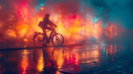 Cyclists ride through lighted city art.