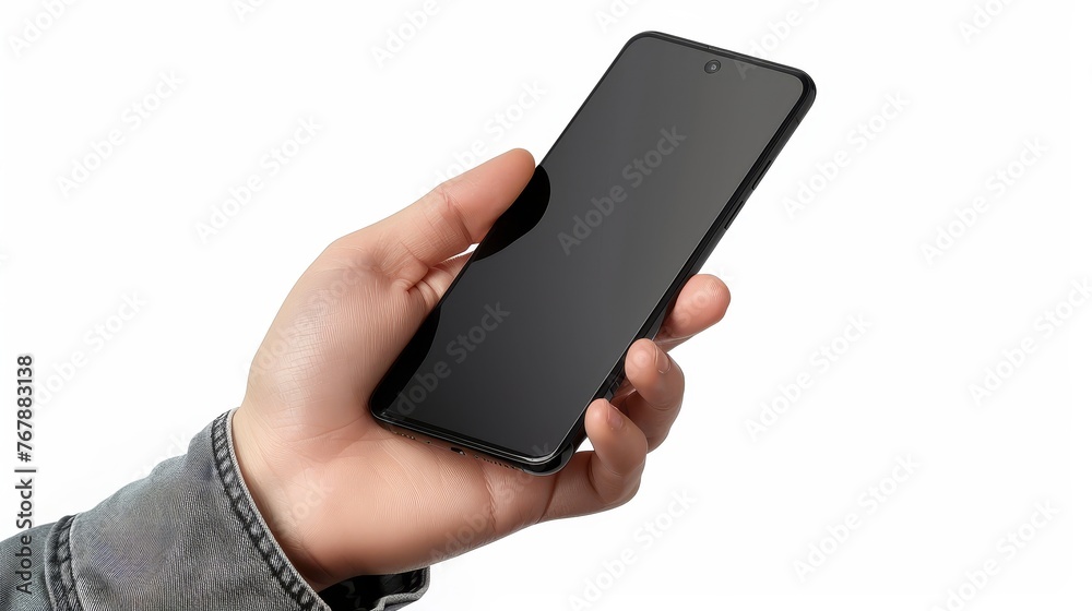 Poster isolated black smartphone hand on white background with clipping path
